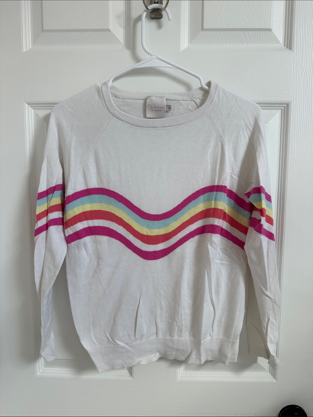 Brodie Cashmere White Crewneck with Pink, Yellow, Mint & Light Blue Waves